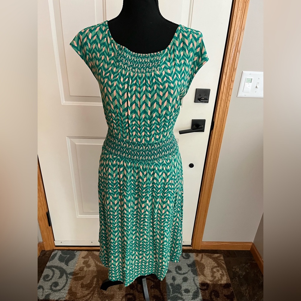 Anthropologie Maeve green Evaline smocked waist midi A line dress. Size medium